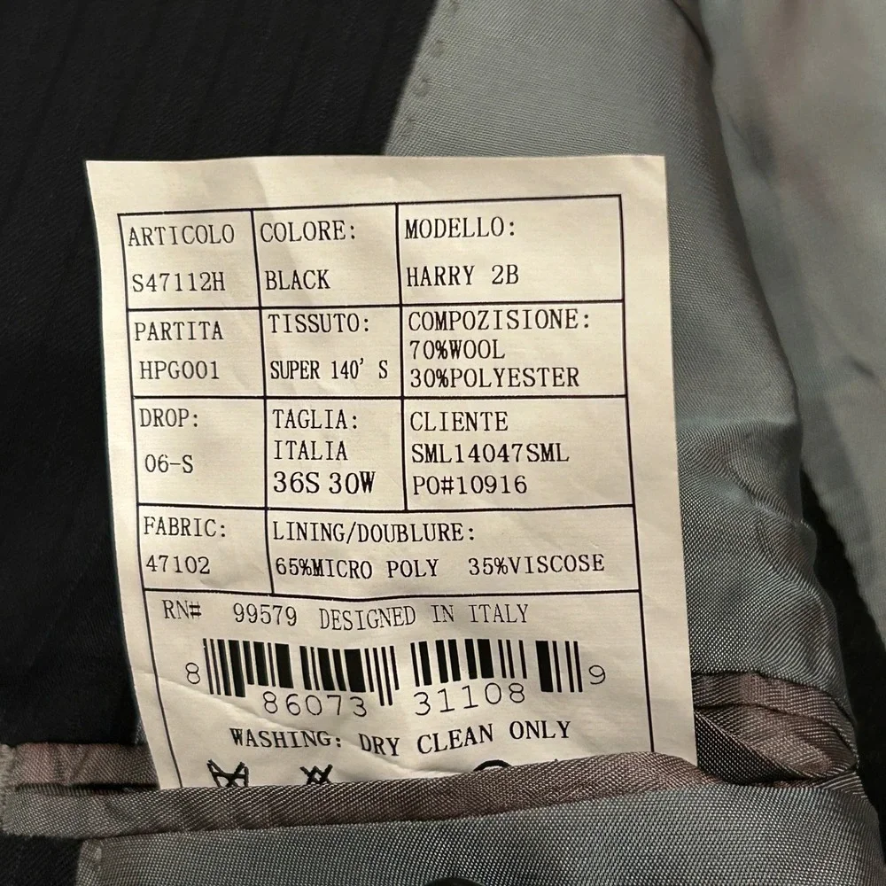 Pronto by Prontomoda Blazer Mens 36S Black Wool Max Super 140s Slim Fit Jacket